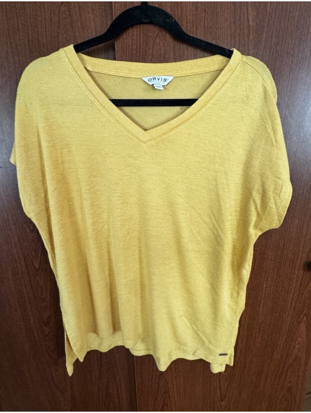 Orvis Womens M Mustard Yellow V Neck Tunic Top Stretch Knit Cap Sleeve